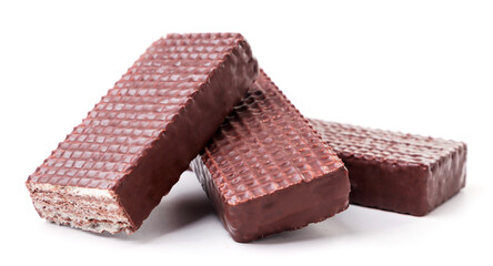 Chocolate covered waffles heap on a white background. Isolated
