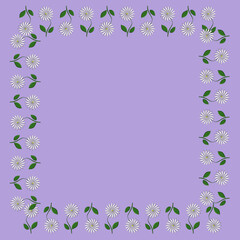 Obraz na płótnie Canvas An illustration of a square frame border of white daisy flowers on a purple background with space for text