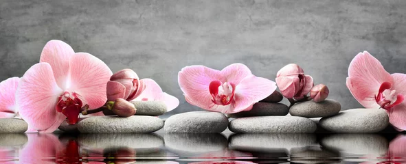 Foto op Canvas Set of pink orchid and gray spa stones on water and reflection. © Belight