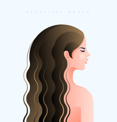 Young woman with long brown wet hair, Cute girl with polite expression and closed eyes, Vector illustration of female model, Fashion and beauty.