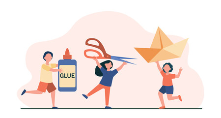 Fototapeta premium Happy tiny kids with tools for artistic work. Glue, scissors, paper flat vector illustration. Hobby and handcraft concept for banner, website design or landing web page