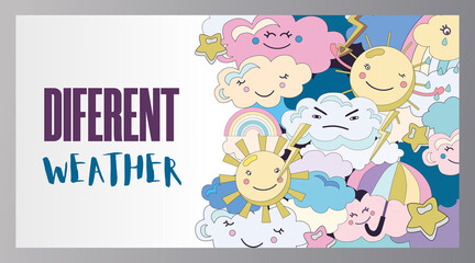 Different weather poster cartoon vector illustration. Collection of various emotional sky fairy characters in cloudy, sunny, rainy weather states. Flat colorful design. Mood, weather, nature concept