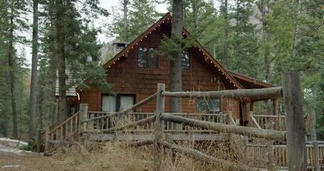 Log cabin nestled in forest landscape, low angle