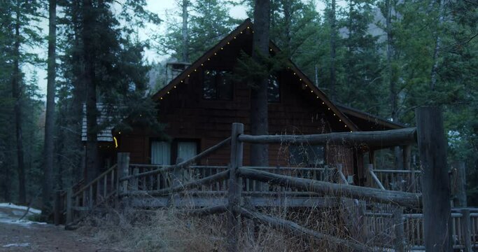 Low angle, log cabin in rural forest