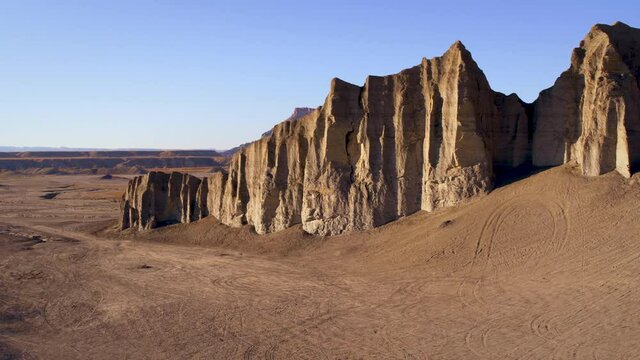 Goblin Valley State Park desert landscape pan right aerial