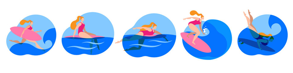 A girl in a swimsuit is surfing. A set of Vector icon in a flat style on the theme of surfing.