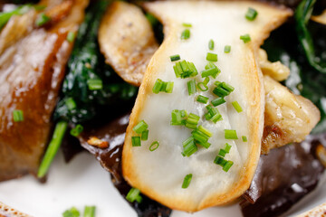Vegan saute with mushrooms, aubergines and spinach
