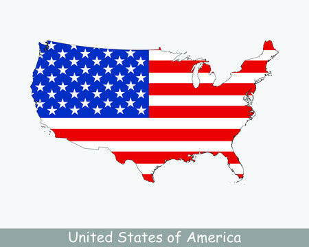 United States of America USA Flag Map. Map of U.S.A. with the American national flag isolated on a white background. Vector Illustration.