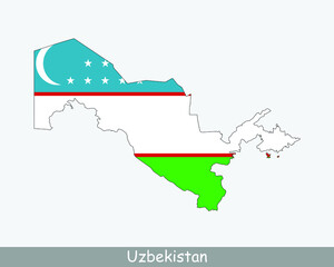 Obraz premium Uzbekistan Flag Map. Map of the Republic of Uzbekistan with the Uzbek national flag isolated on a white background. Vector Illustration.
