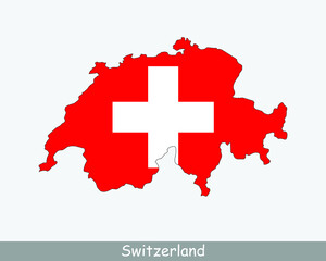 Switzerland Flag Map. Map of the Swiss Confederation with the Swiss national flag isolated on a white background. Vector Illustration.