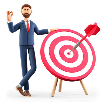 3D Illustration Of Smiling Man Standing Next To A Huge Target With A Dart In The Center, Arrow In Bullseye. Cute Cartoon Businessman With Ok Gesture Reaching Goals. Objective Attainment.