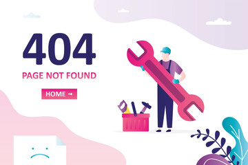 404 error, page not found, landing page template. Handsome repairman with huge wrench. Service man in uniform.