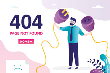 404 error, page not found, landing page template. Businessman trying to connect wires. Male character holding plug and socket. Disconnection, error page.