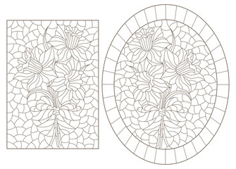 Set of contour illustrations in stained glass style with bouquets of daffodils , dark outlines on a white background