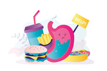 Sick stomach asks for help. Various junk food on background. Digestive problems due to unhealthy lifestyle