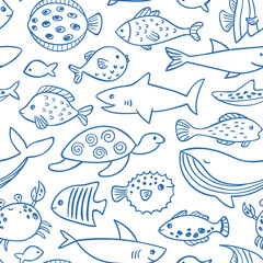 Cute ocean animals seamless pattern. Cartoon fish, turtle, shark, whale. Line art doodle marine life. Nursery textile design, apparel.