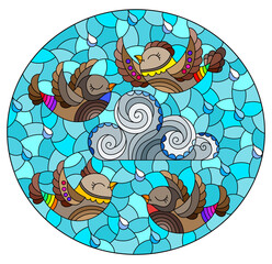 Illustration in stained glass style with bright cute birds and a cloud on a background of blue sky and raindrops, oval image