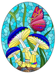 Illustration in the style of a stained glass window with bright mushrooms, grass and a butterfly on a blue background, oval  image