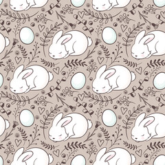 Seamless Easter pattern with floral motifs, easter eggs and bunny. Vintage spring easter holiday pastel background. Hand drawn eggs, bunny, flowers, branches.Scandinavian Easter illustration. 