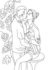 Illustration for colouring book with a kissing couple