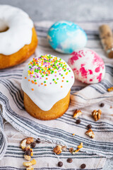 Easter cake holiday table decoration easter eggs portion on the table healthy rustic meal top view copy space for text food background 