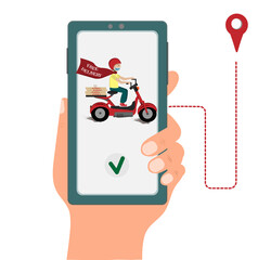 A hand with smartphone, a delivery man on the bike, a delivery service concept, online delivery , flat vector illustration