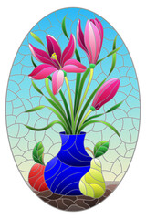 Illustration in stained glass style with floral still life, vase with a bouquet of pink flowers in a vase and fruit on a blue sky background, oval image