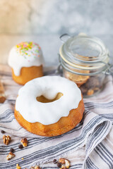 Easter cake holiday table decoration easter eggs portion on the table healthy rustic meal top view copy space for text food background 