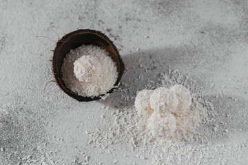 Coconut Healthy Sugarfree Balls in Coconut Shells with CocoFlakes