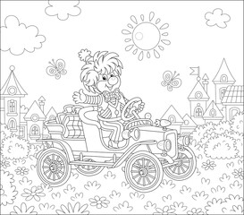Fototapeta premium Friendly smiling clown in a comic suit driving a funny retro car in a circus performance on a playground in a summer park of a small pretty town, black and white vector cartoon illustration