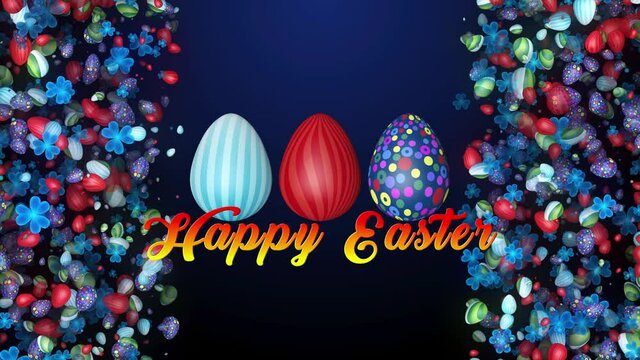 Happy Easter Text Reveal And 3 Types Patterned Easter Eggs Rotating Amid Falling Easter Eggs And Leaf Clovers Border On Left And Right Background 3D Rendering