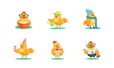 Cute Rooster Character Different Activities Set, Funny Chicken Bird Celebrating Birthday, Working in Office and Garden Cartoon Vector Illustration