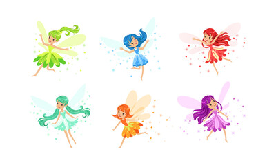 Cute Little Fairies with Wings Set, Charming Long Haired Girls Dressed Pretty Colorful Dresses Cartoon Vector Illustration