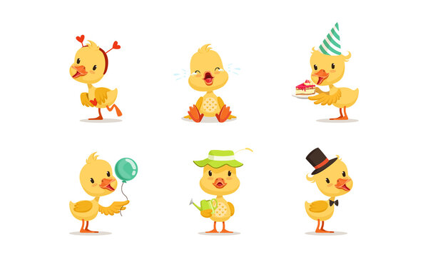 Cute Chicken Character Different Activities Set, Adorable Little Bird Celebrating Birthday, Working in Garden, Crying Cartoon Vector Illustration