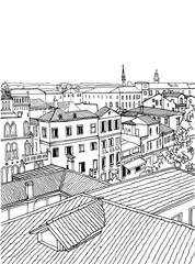 Nice view of old romantic Venice, Italy. Urban background in hand drawn sketch style. Ink line drawing. Black and white Vector illustration on white background