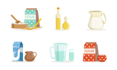 Baking Ingredients Set, Bakery ingredients, Flour Packaging , Bottle of Oil, Milk, Sugar Cartoon Vector Illustration