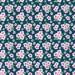  Teal watercolor seamless pattern with pink flowers on blue color background. Hand drawing texture for cover, fabric, wrapping paper, notebook, package, wallpaper, scrapbooking.