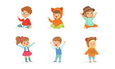 Cute Preschool Kids Set, Cheerful Boys and Girls Dressed Bright Casual Clothes Cartoon Vector Illustration