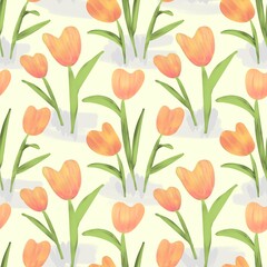 Obraz premium Bitmap illustration, digital imitation of paint. A pattern of tulip flowers with leaves and stems.Design for wallpaper, fabrics, textiles. 