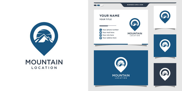 Mountain location logo with pin concept. Logo and business card design. Premium Vector