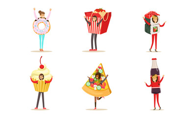 People Wearing Fast Food Costumes Set, Donut, Noodles Takeaway Box, Sushi Roll, Cupcake, Pizza, Soda Drink Cartoon Vector Illustration