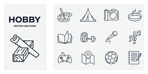 Fototapeta premium Set of hobby icon. Hobbies for children or people at home and outdoors. Sports, reading, drawing, music and singing, photo and video symbol template for graphic and web design collection logo vector