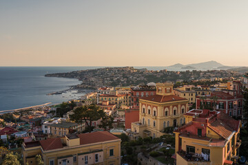 View on Old Town and gulf of Naples at sunset. Italy