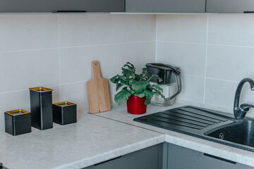 On the kitchen countertop are a chopping board, black containers, and a flower in a red board, next to the sink. The concept of minimalism and environmental friendliness in the kitchen