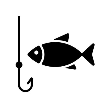 Fishing hook with fish vector glyph icon