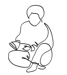 One line drawing of boy reading open book sitting on floor.
One continuous line drawing of  love of reading concept.