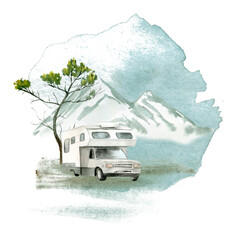 Watercolour illustration of a mobile home for camping - obrazy, fototapety, plakaty