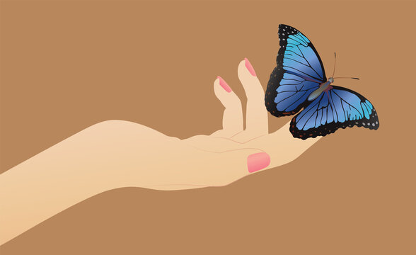 butterfly on a female hand on a beige background