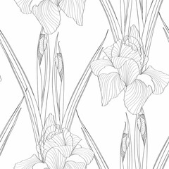 Floral seamless pattern. Flower background. Floral seamless texture with iris flowers and bud. Flourish tiled line wallpaper.