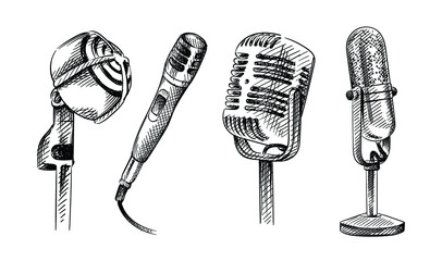 Hand drawn sketch set of Microphones. Vntage vocal Microphone with wire, Crystal Microphone, Desk Microphone